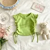 Camiseta de Verano para Niña de Manga Corta con Cordón, Color Sólido, Elegante Ropa Infantil Estilo Dopamina