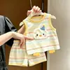 Conjunto de Algodão Puro Infantil Listrado com Desenho de Pato Fofo para Meninos e Meninas, Adorável T-Shirt de Verão Fina de Manga Curta e Shorts 3D