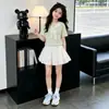 Verão para Crianças Grandes Novo Estilo Coreano Estilo Academia Xale Camiseta de Manga Curta Doce Laço Saia Meia Moda Conjunto de Duas Peças