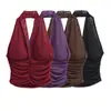 25269-26 Camisola de malla retro de otoño para chica hot, sexy, sin espalda, cuello halter, top sin mangas ajustado con fruncido para mujer, cuello en V profundo