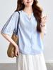 Camisa Rosa de Algodón Cocoon con Cuello en V y Mangas Cortas para Mujer, Nuevo Estilo Verano 2026, Diseño de Abertura Lateral, Blusa de Algodón Puro