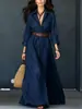 Vestido Chemise de Algodão e Linho Transfronteiriço Outono 2026 para Mulheres, Gola Reversível, Mangas Longas, Cintura Marcada com Cinto, Vestido Longo para Férias