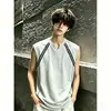 Colete de Cor Color Block Gola V Estilo Americano para Homens, Camiseta Regata Solta Sem Mangas Respirável de Verão, Peça Versátil de Alta Qualidade na Moda