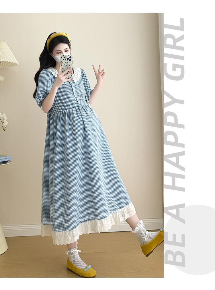 收腰显瘦休闲格子拼接蕾丝花边孕妇连衣裙