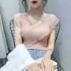 2021 Verano Nuevo Malla Volantes Tejido Delgado Top Diseño Astuto Cuello en V Seda de Hielo Camiseta de Manga Corta para Mujer