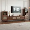 Juego de mueble de TV y mesa de centro, diseño tejido de ratán retro, marco de madera maciza, mueble de almacenamiento estilo francés para sala de estar, adecuado para apartamentos pequeños, uso doméstico