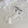 Meias com Laço para Mulheres, Meias Curtas Respiráveis de Malha Fina para Primavera e Verão, Meias Doces com Barra Bolha, Meias Curtas Coloridas Sem Costura