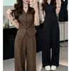 Conjunto Slimming Feminino Retrô 2026 Verão Novo Estilo Chic Maduro Colete sem Mangas com Decote V + Calça de Pernas Largas Conjunto de Duas Peças