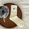 Meias de Meia-Perna com Borda Franzida e Bordado de Coração para Mulheres, Estilo Suave Meias Largas, Meias Doces Versáteis para Primavera e Outono