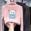 Roupa íntima infantil estampada com forro de fleece, gola alta, manga longa, quente e versátil, camiseta escovada para meninas, outono e inverno