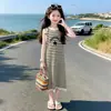 Vestido de Punto de Seda Helada para Niñas 2026 Nuevo Estilo de Verano para Niños Mayores, Vestido sin Mangas Bordado a Rayas, Transfronterizo