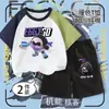 Conjunto de Dos Piezas para Niños: Camiseta de Manga Raglán Color Cáscara de Huevo de Verano Estilo Obrero de Barcaza con Cuello Redondo y Corte Holgado, Combinada con Shorts