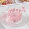 Tetera de Vidrio con Tapa de Mariposa Rosa, Asa Floral, Vidrio Espeso Resistente al Calor, Té de Flor Rosa Hecho a Mano