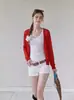 Cardigã de tricô de seda gelada com decote em V vermelho, xale protetor solar transparente para mulheres, peça de outer wear leve de verão para combinar com uma regata 0233