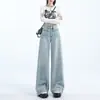 Jeans Feminino Cinza Cimento Wide Leg Outono 2024 Novo Cintura Alta Solto Formato Pera Emagrecimento Calça Reta