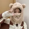 Chapéu Peça Única de Inverno Chapéu de Urso Bordado Chapéu Cachecol Máscara Chapéu Peça Única Feminino Camada Dupla Pelo Sintético de Coelho Chapéu Pulôver à Prova de Vento