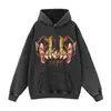 Sudadera con capucha de peso pesado en negro lavado vintage con estampado, versátil para otoño e invierno, adecuada para el uso diario, sudadera sin cierre en stock