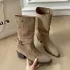 Botas de Dos Usos para Mujer 2025 Otoño Nuevo Tacón Grueso de Plataforma Punta Cuadrada Botas Ajustadas Estilo Británico Hebilla de Cinturón Botas de Caballero