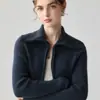 Nuevo cárdigan de cachemir suave y amigable con la piel para mujer, con solapa grande, diseño de canalé vertical, cremallera bidireccional, top moderno y versátil