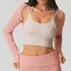 Peça de sobreposição esportiva de outono, top estilo echarpe, camiseta feminina casual listrada da moda com mangas compridas, peça externa para Pilates e yoga