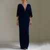 Moda feminina transfronteiriça europeia e americana nova para 2026, vestido elegante de cor sólida com decote V, manga morcego e acinturado