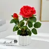 Rosa de Dos Cabezas Escandinava Pequeño Bonsái Flor Artificial Adornos de Decoración para el Hogar Planta Artificial en Maceta Accesorios para Fotografía Flores Artificiales Falsas