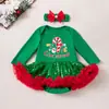 Venta directa de fábrica vestido navideño para niña pequeña enterizo de malla con lentejuelas de manga larga para bebé con diadema y calentadores de piernas conjunto