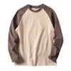 Camiseta Solta Raglan Manga Longa Feminina Outono Inverno Forrada com Fleece Grossa Color Block Camada Interna Camisa Base Casual Quente