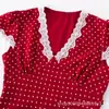 Vestido de Cintura con Estampado de Lunares Rojos Retro Francés de Manga Corta con Encaje en V para Mujer Estilo Vacaciones Falda Larga