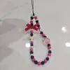 Cadena para teléfono móvil con cuentas de niña linda, cordón, flor acrílica, lazo, corazón con cuentas, funda de teléfono, adornos de cuentas de colores