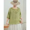 Camisa de Algodón y Lino con Bordado Pesado Vintage para Mujer, Nuevo Estilo Verano 2025, Ligera, Corte Amplio, Adelgazante, Elegante Top Jersey de Cuello Redondo