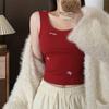 Chaleco cálido de rayón lijado para otoño e invierno para mujer, con copa fija, almohadilla para el pecho, tirante ancho para hombro, bordado de lazo, para usar como prenda exterior o interior