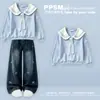 Moletom azul marinho com gola preppy, doce e único, nova coleção primavera/outono, calça jeans moderna e estilosa, conjunto de duas peças para meninas