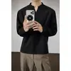 Camiseta de lino sintético estilo americano con cuello en V y manga larga para primavera y otoño, estilo old money, casual y elegante, camiseta básica holgada para hombre