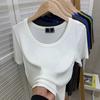 Camiseta de Manga Corta de Color Sólido, Talla Grande, Cuello en U, Hilo Elástico, Gris Oscuro, Ajustada, Escote Bajo, Manga Media, Top Azul para Mujer, Cuello en U