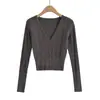 Suéter Tricot Puro Azul Decote V Manga Longa Feminino 2024 Outono Slim Fit Emagrecedor Base Versátil Top Cardigan Curto