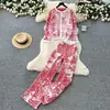 Traje Europeo y Americano de Moda con Estampado para Mujer en Otoño, Cárdigan Chaqueta de Punto de Cuello Redondo de Manga Larga de Gama Alta, Pantalones de Pierna Ancha de Cintura Alta