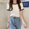 Top de umbigo 2022 verão novo contraste cor slim-fit emagrecimento curto design sentido cuidado camiseta de manga curta feminina na moda