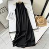 Vestido Longo Feminino de Linho com Alça Fina, Manga Curta, Cor Sólida, Gola Redonda, Estilo Verão 2023 MD, Ajustado ao Corpo, Pequeno Vestido Preto