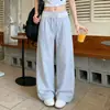 Calça de Listras Azuis de Cintura Alta Wide Leg para Mulheres, Verão 2026 Nova Versátil Emagrecedora Estilo Preguiçoso Patchwork de Renda Calça Casual