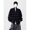 Suéter de Punto Patchwork a Rayas Vintage con Cuello Alto para Hombre, Suéter Casual Holgado Estilo Americano de Otoño, Chaqueta Cardigan Holgada para Jóvenes