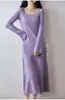 Vestido de manga acampanada, lana pura, nueva colección otoño/invierno, cuello en U, de punto, manga larga, acanalado, corte ajustado, moderno, hasta la rodilla