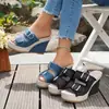 Sandalias de cuña con hebilla transfronteriza y punta abierta, chanclas de mezclilla de suela gruesa para mujer de estilo europeo y americano, sandalias de moda de verano para exteriores