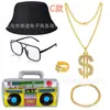 Traje de los 80 para Hombre Cosplay Hip Hop Punk Collar de Dólares Anillo Pendientes Gafas Sombrero de Pescador Traje