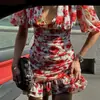 Estilo Europeo y Americano Transfronterizo Más Vendido Moda Impreso Vestido Chica Picante Nuevo para Mujer Cuello en V Manga Corta Plisado Cintura Alta Ceñido a la Cadera Falda