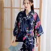 Bata de Noche para Mujer Estilo Japonés Similar a la Seda Tono Kimono Bata de Comercio Exterior Cardigan de Pavo Real Bata de Baño Larga Sexy de Verano