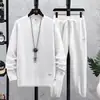Conjunto de Roupa Casual Masculina para Primavera e Outono, Camisa Solta, Tamanho Grande, Moletom de Outono, Calças, Conjunto Esportivo de Waffle