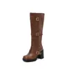 Botas de mujer de talla grande estilo europeo y americano, tacón alto, punta cuadrada, hebilla de cinturón, botas de tubo alto para otoño e invierno, suministro transfronterizo 689