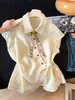 Lenço de Seda Feminino Verão 2026 Novo Estilo Camisa Polo de Manga Curta com Cintura de Amarração Top Emagrecedor Elegante para Mulheres A13322