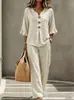 Calça comprida europeia e americana transfronteiriça com botões e babados, e blusa feminina de gola V com manga três quartos, novo conjunto casual de duas peças para comércio exterior